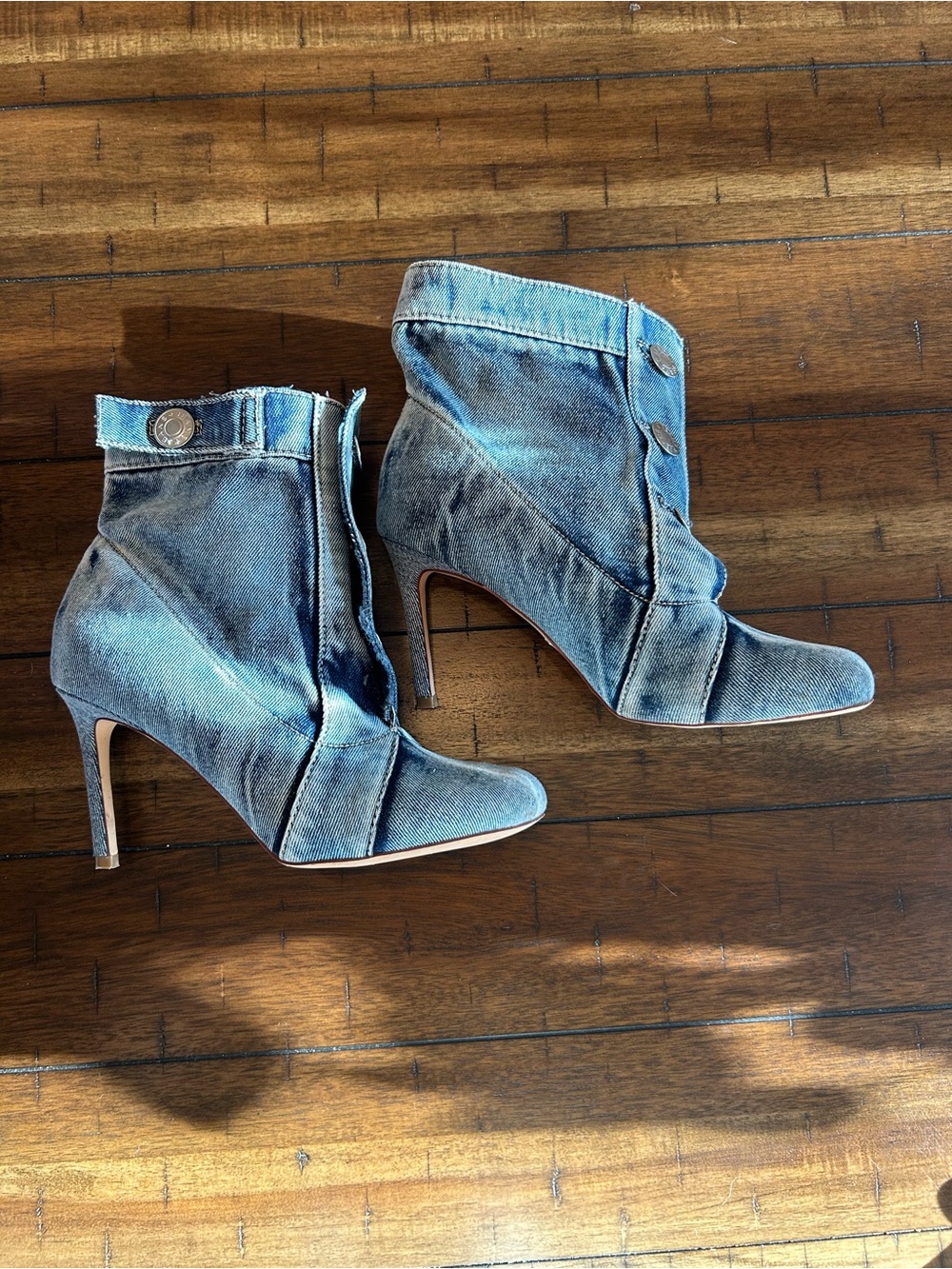 Azalea Wang Denim Ankle Booties Womens 8 Snap Button Stiletto Distressed Jean